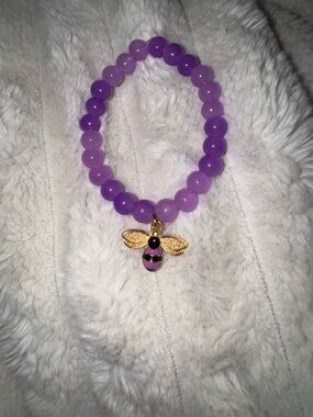 Purple Beaded Bracelet with Gold Bee Charm
